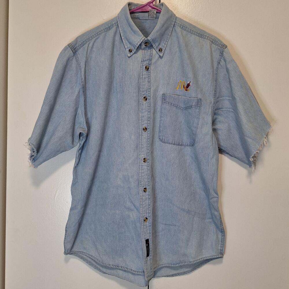 McDonald's Vtg Cowboy Boot Logo Denim Uniform Shirt with Distressed Sleeves